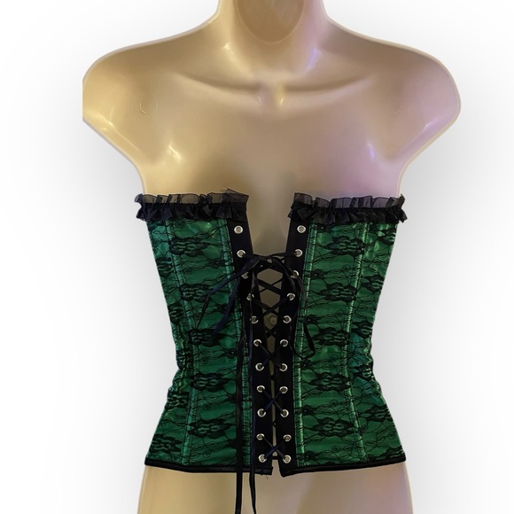 Women’s lace up corset Kelly green ruffle lace overlay size Small zipper - Picture 3 of 4